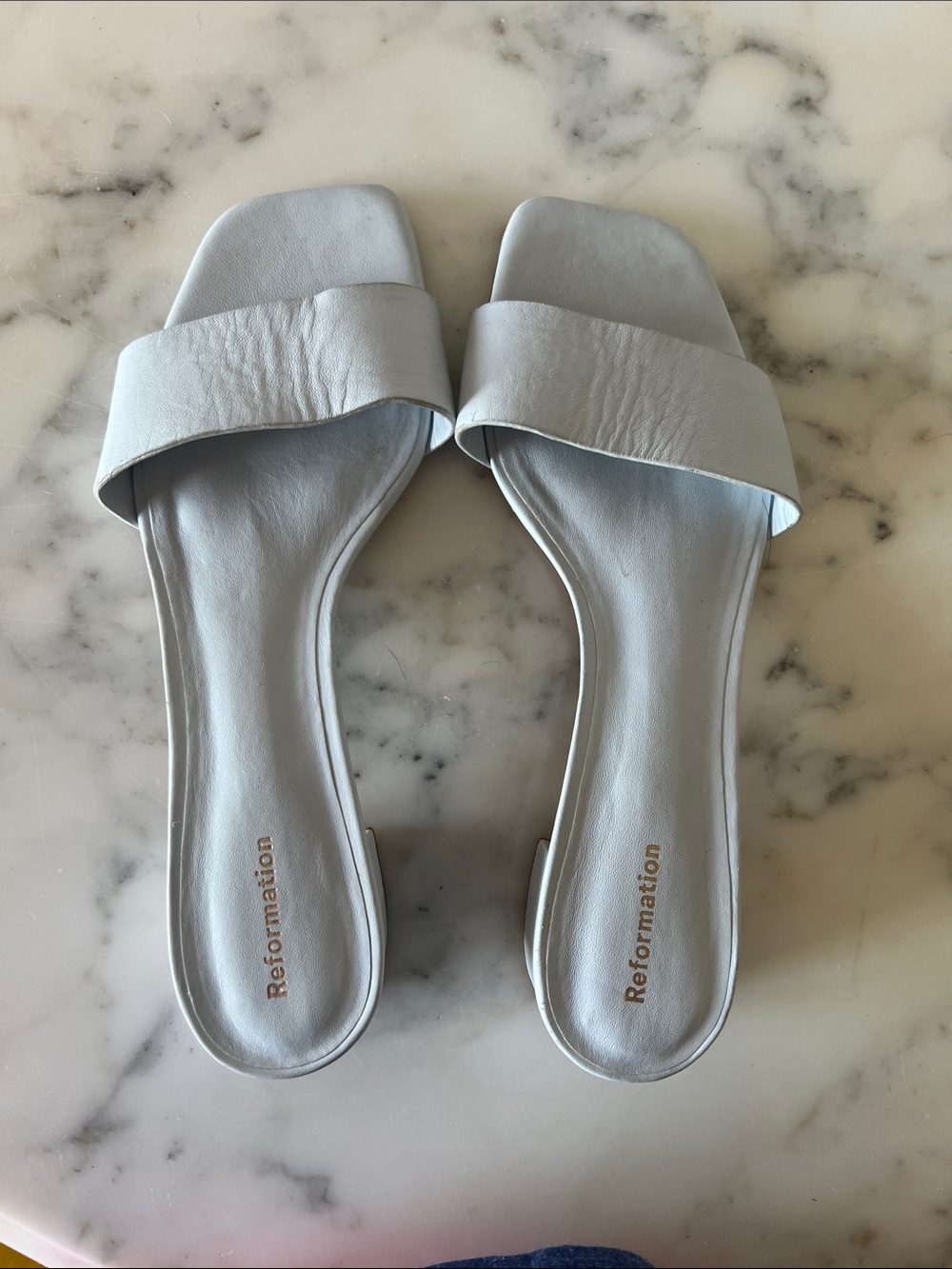 Reformation Pale Blue Leather Slide Mules